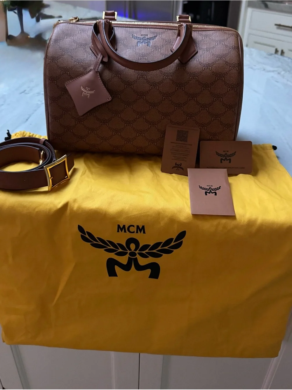 MCM Brown Monogram Canvas Duffel with Tan Leather Trim